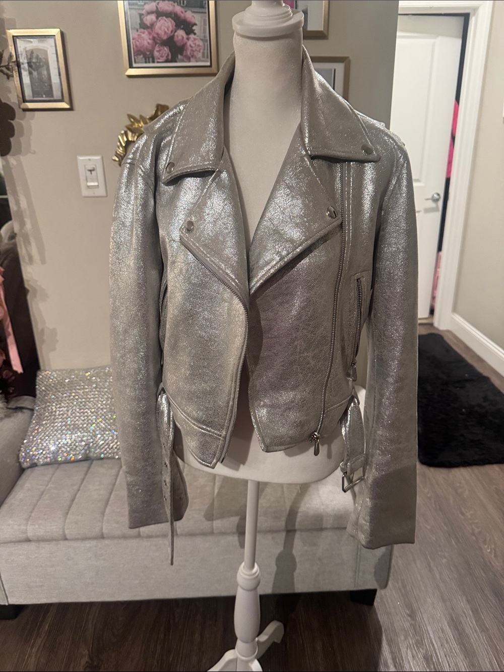 Zara Metallic Silver Moto Leather Jacket